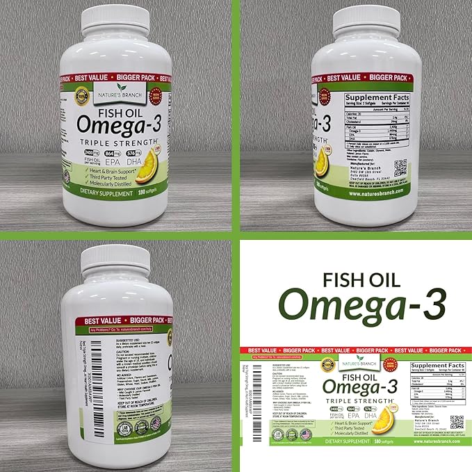 Best Triple Strength Omega 3 Fish Oil Pills - 180 Capsules - 2400mg High Potency Burpless Lemon Flavor 864mg EPA 576mg DHA Ultra Pure Liquid Softgels for Brain Joints Eyes Heart Health Supplement