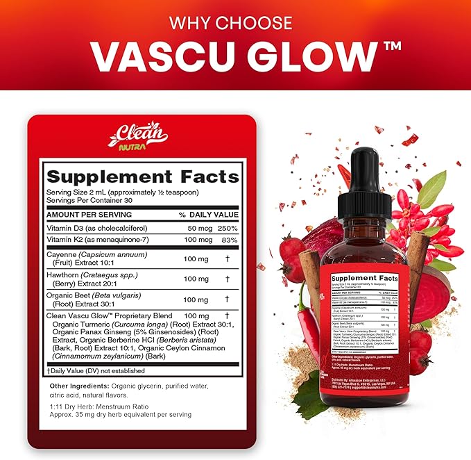 Clean Nutra Cayenne Pepper Drops Supplement Liquid + Hawthorn Berry, Vitamin D3 K2 Beet Root Powder, Ceylon Cinnamon, Turmeric Curcumin, Organic Panax Ginseng, Berberine Extract Organic
