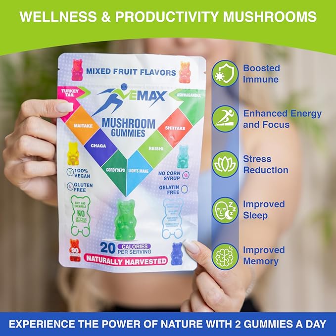Ashwagandha and Lions Mane Mushroom Gummies for Adults - Organic - Reishi, Maitake, Chaga, Cordyceps, Shiitake, Turkey Tail - Immune Support, Memory, Focus and Energy -Vegan Mushroom Supplement Gummy