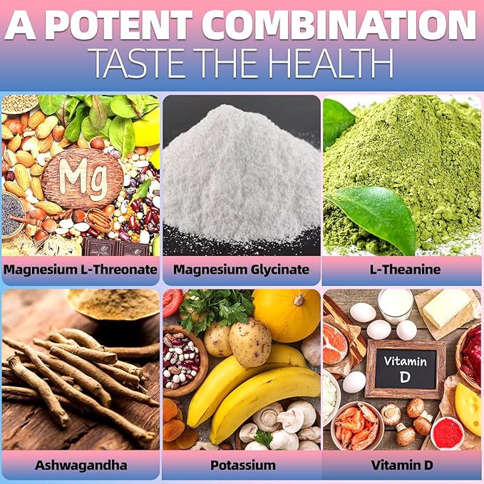 Magnesium Powdered Drink Mix with Magnesium Glycinate, Potassium, L-Theanine, Ashwagandha, and Vitamin D for Men and Women, Raspberry Lemonade, (240g)