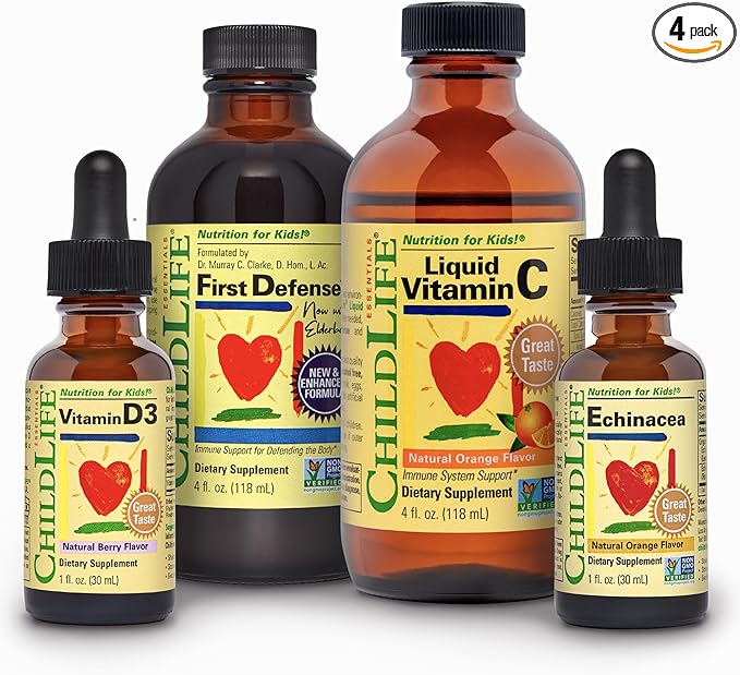 CHILDLIFE ESSENTIALS Immune Support 4-Pack - Liquid Vitamins & Minerals for Kids, Infants, Toddlers - Includes Vitamin D3, Vitamin C, First Defense, Echinacea