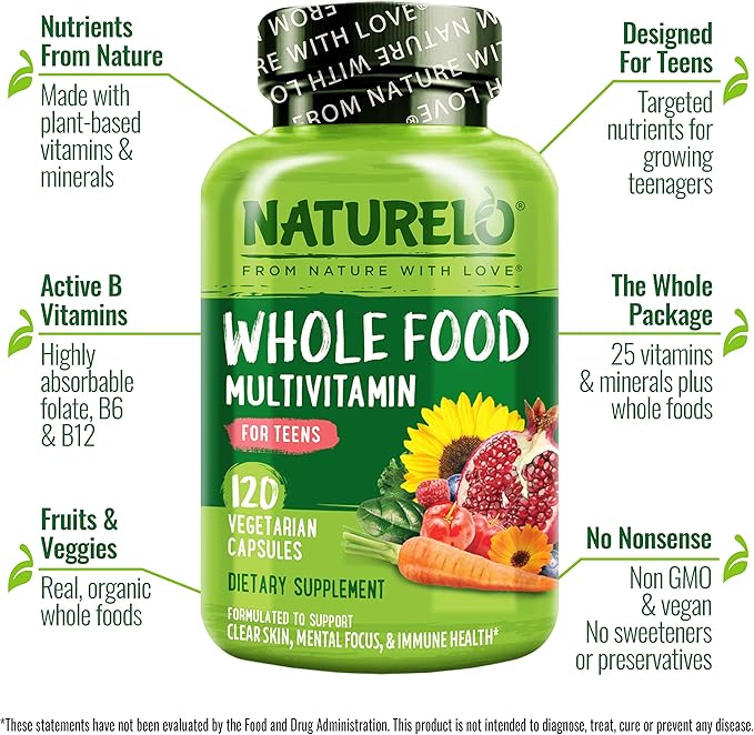 NATURELO Whole Food Multivitamin for Teens - Vitamins and Minerals for Teenage Boys and Girls - Supplement for Active Kids - with Organic Whole Foods - Non-GMO - Vegan & Vegetarian - 120 Capsules