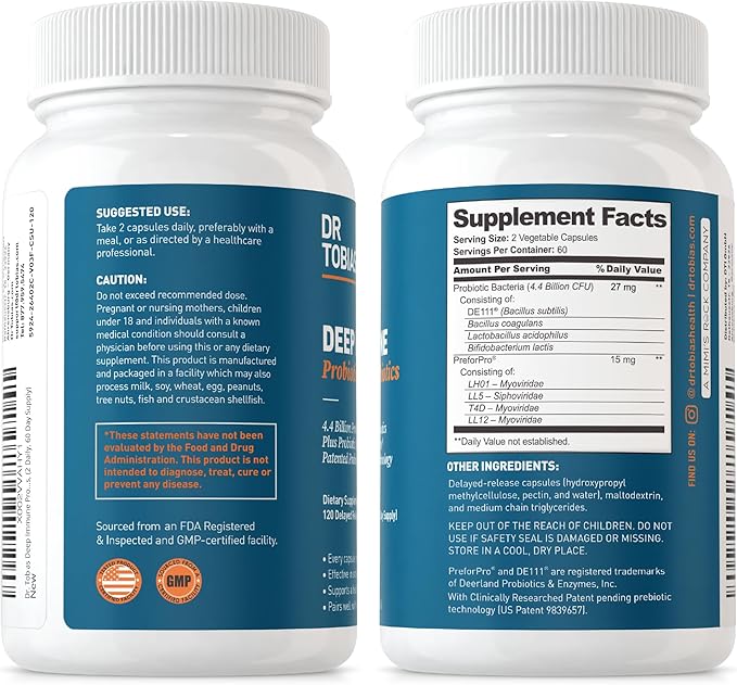 Dr. Tobias Deep Immune Probiotics & Prebiotics, 4.4 Billion CFU Probiotics for Women & Men, Supports Digestive Health, Gut Immune Function, Nutrient Absorption, 120 Capsules, 60 Servings