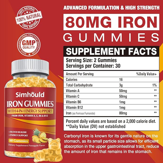 1 Pack Vegan 80MG Iron Supplement Gummies for Women & Men - Vitamin A, C, B for Adults & Kids - Blood & Builder & Energy Support for Iron Deficiency, Anemia - 60 Counts Pineapple Flavor Gummies