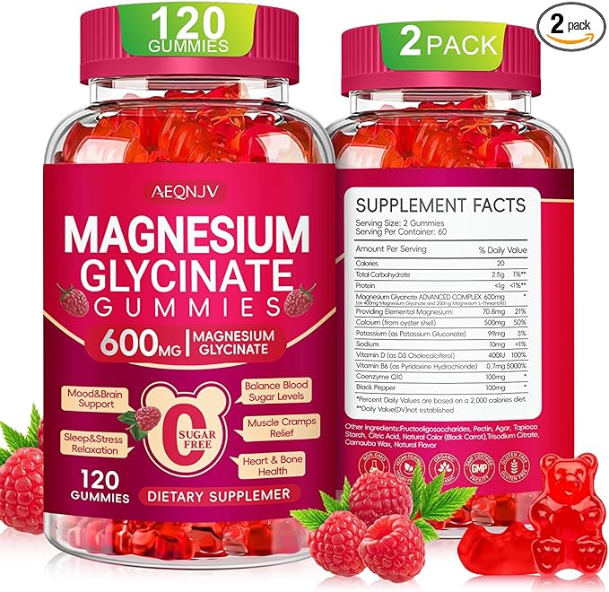 Magnesium Glycinate Gummies 600mg, Sugar Free Magnesium Gummies for Adults with L-Threonate, Chewable Potassium Supplements for Sleep, Body Support and Relaxation, 2 Pack