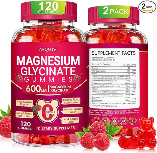 Magnesium Glycinate Gummies 600mg, Sugar Free Magnesium Gummies for Adults with L-Threonate, Chewable Potassium Supplements for Sleep, Body Support and Relaxation, 2 Pack