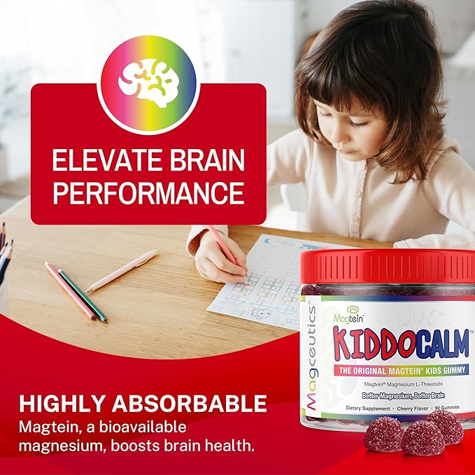 KiddoCalm Magnesium Gummies - Magtein Magnesium L-Threonate Gummy for Kids, Focus, Calm, Sleep, Attention & Brain Health Support Supplement for Children - 90 Vegan Gummies
