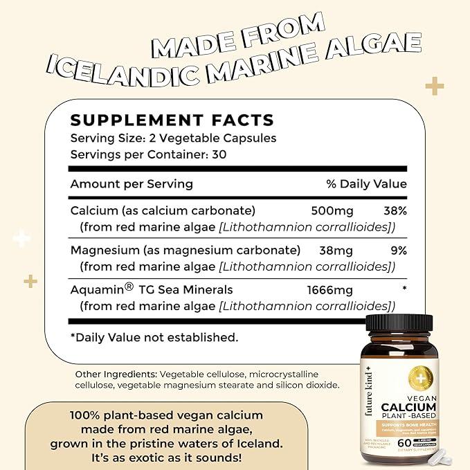 Future Kind Vegan Calcium Supplement - Plant-Based Calcium Magnesium Supplement Sourced from Iceland for Teeth & Bone Support (60 Capsules)