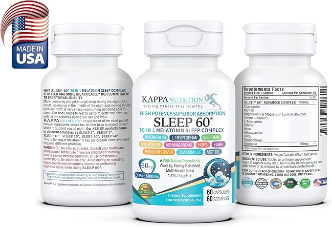 KAPPA NUTRITION Sleep 60, Sleep Aid, 60mg of Melatonin, 60-Day Supply, Non-Habit Forming Vegan Capsules Natural Ingredients for Easier Bedtime, Herbal Supplement, Valerian Root, Chamomile Non-GMO