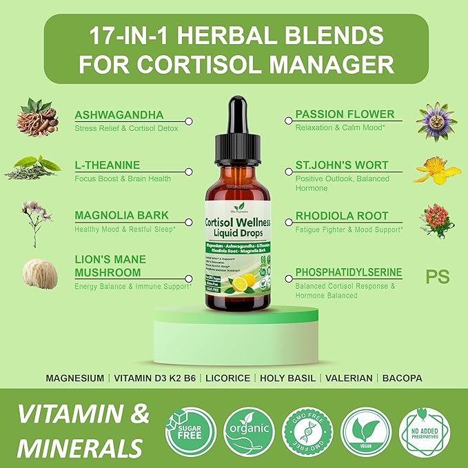 Cortisol Supplement Liquid Drops, 17-in-1 Cortisol Detox w. Magnesium Glycinate 400mg Ashwagandha, L-Theanine, Phosphatidylserine, Hormone Balanced for Women, Mood Focus, Sleep Support