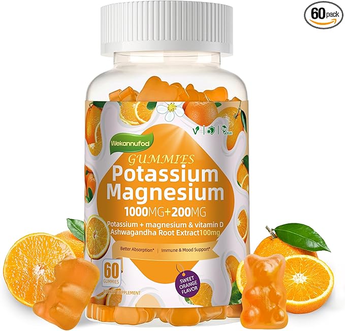 Potassium Magnesium Gummies,High Absorption Magnesium Glycinate,B6,D3,Potassium Citrate for Leg Cramps,Muscle,Electroyte for Adults Kids,Sugar-Free, 60 Gummies (Sweet Orange Flavor)
