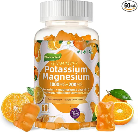 Potassium Magnesium Gummies,High Absorption Magnesium Glycinate,B6,D3,Potassium Citrate for Leg Cramps,Muscle,Electroyte for Adults Kids,Sugar-Free, 60 Gummies (Sweet Orange Flavor)