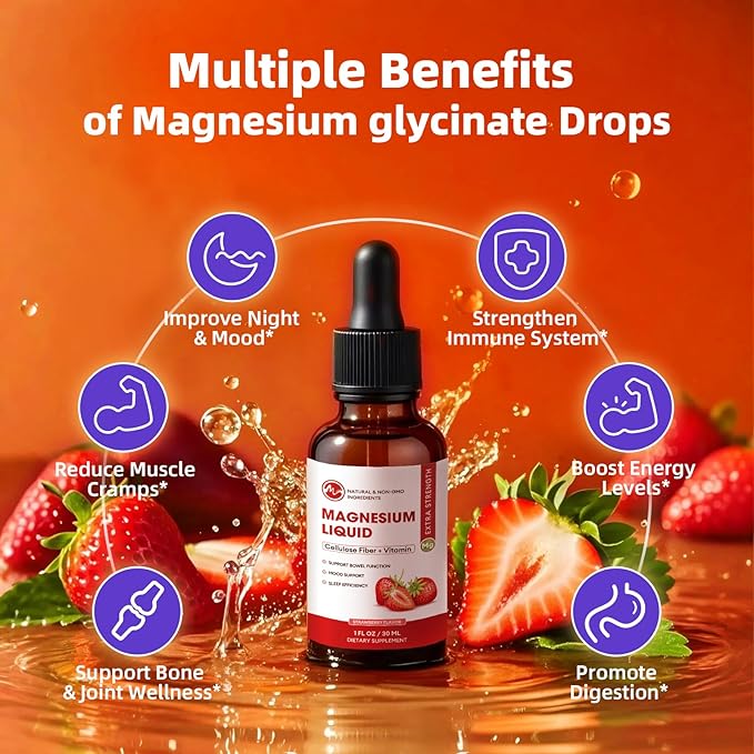 Magnesium Glycinate Liquid, High Absorption Magnesium Liquid Drops with Cellulose Fiber, Bromelain, Vitamin B6, C, D, Zinc, Magnesium Supplement for Kids and Adults, Strawberry Flavor, 2 Pack