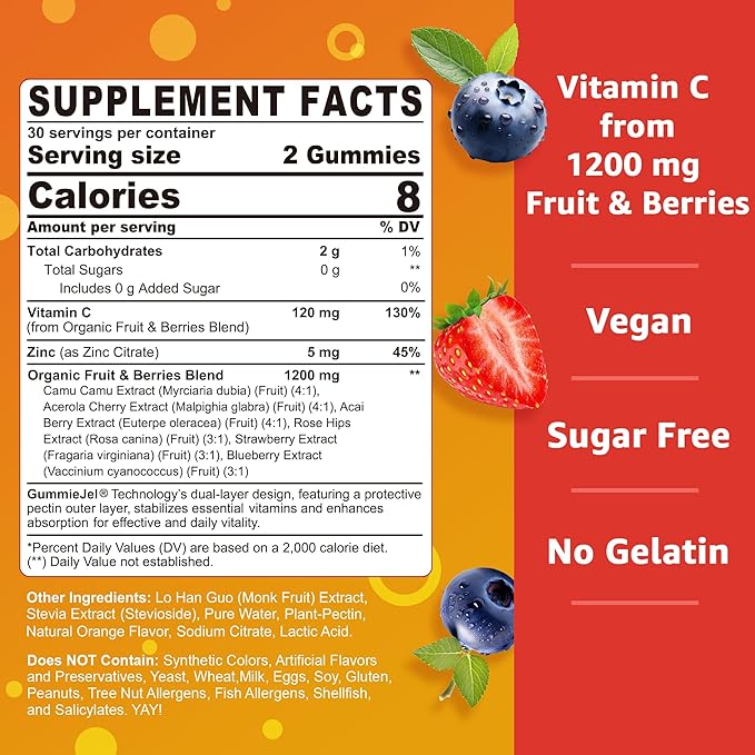 (2 Pack) Whole Food Vitamin C Gummies for Adults & Kids, Zero Sugar, Natural Antioxidants, Bioflavonoids, Organic Vitamin C Supplement for Immune & Collagen Support, High Absorption, Vegan, Chewable