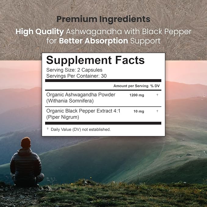 Ashwagandha with Black Pepper – 1,200 mg | 60 Veggie Capsules, 30-Day Supply | Made with Organic Ashwagandha, Gluten-Free, Manufactured in USA