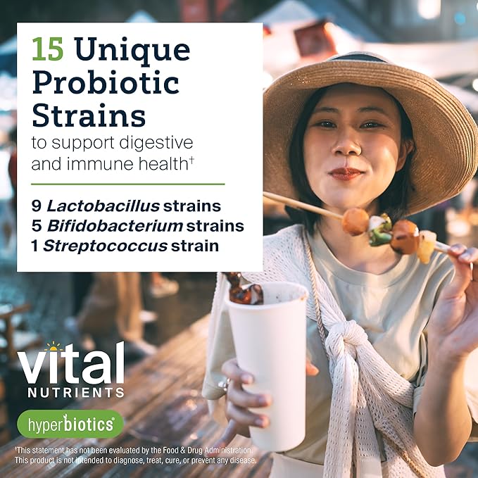 Hyperbiotics Vital Nutrients Pro-15 Pre + Probiotic | 15 Strains| Supports Occasional Constipation, Diarrhea, Gas & Bloating | Immune, Digestive & Gut Health | Shelf-Stable | Vegan | 60 Pearl Tablets