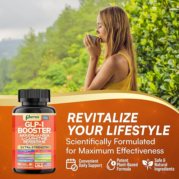 GLP-1 Booster Supplement with Akkermansia, L-Carnitine, Berberine (GlucoVantage), Chromium, Capsimax, Psyllium Husk, Probiotics & Vitamins D3, B6, B12, 20-in-1 Plant-Based Formula (60 Caps)