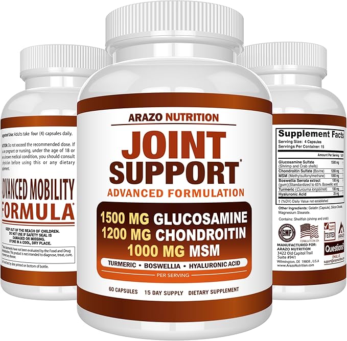 Arazo Nutrition Glucosamine Chondroitin Turmeric Msm Boswellia - Joint Support Supplement for Relief 60 Capsules for Bones, Back, Knees, Hands (60 Capsules)