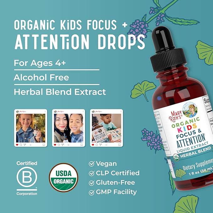 MaryRuth Organics Kids Brain Supplements for Memory and Focus, USDA Organic Drops with Ginkgo Biloba, Rhodiola Root & Licorice Root, Focus & Attention, Calm, Vegan, Non-GMO, Gluten Free, 30 Servings