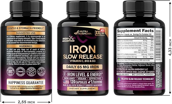 Iron Supplement for Women - Iron 65mg (Ferrous Sulfate 325mg) - Stomach Friendly | Slow Release Iron | High Absorption - Vitamins C, D3, B6, B12 & Folate - Iron Level & Energy Support - 120 Capsules
