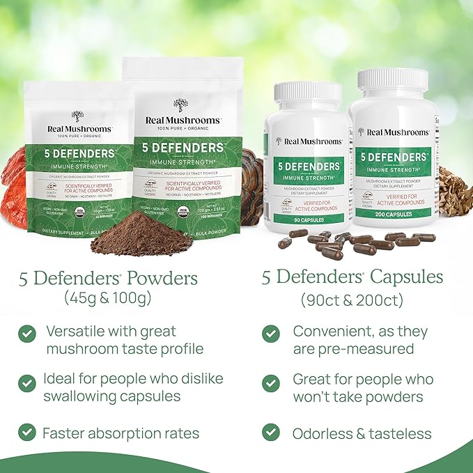 Real Mushrooms 5 Defenders Capsules - Organic Mushroom Extract w/Chaga, Shiitake, Maitake, Turkey Tail, Reishi Supplement Vegan, Non-GMO, 200 Caps