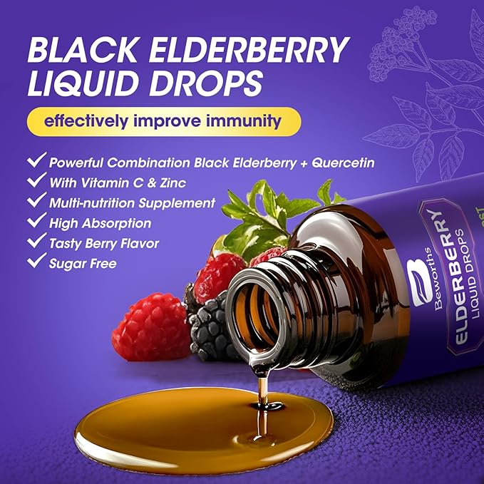Elderberry Syrup Black Elderberry Drops with Quercetin, Panax Ginseng, Vitamin C and Zinc, Sambucus Elderberry Syrup Liquid, Vegan, Non-GMO & Gluten Free