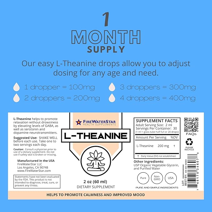 FWS L Theanine Liquid Drops, 200mg 99% Pure Bioactive L-Theanine, Organic, Natural, Vegan, Non GMO Helps to Promote Calmness, Relaxation, Improved Mood, Restful Sleep, for Adults and Kids