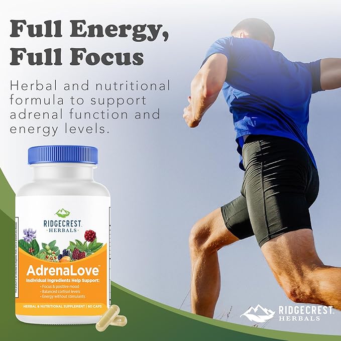 Ridgecrest Herbals AdrenaLove, Stress and Energy Support Supplement with Ashwagandha, L-Theanine, Ginseng, Schisandra, Taurine, Holy Basil, Adaptogens, B Vitamins (60 Vegan Caps, 30 Serv)