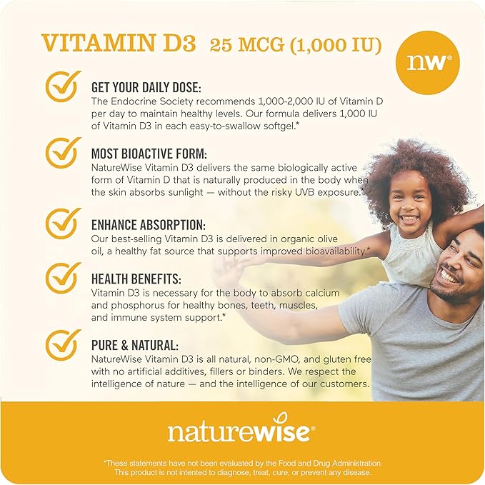 NatureWise Vitamin D3 1000iu (25 mcg) 90-Day Supply for Immune Support, Healthy Muscle Function, and Bone Health - Non-GMO, Gluten Free in Organic Extra Virgin Olive Oil, (Mini Softgel), 90 Count