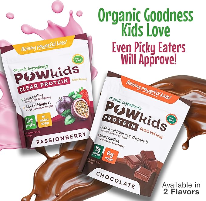 Kids Protein Powder – Zero Sugar, 18g Grass-Fed Whey Proteins, Organic Ingredients – Vitamin C & Choline for Immunity & Brain Development, Teens Shake, 15-45 Servings – Passionberry