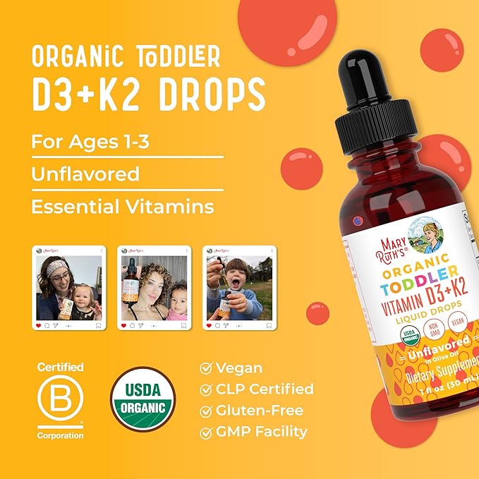MaryRuth Organics Vitamin D3 | Vitamin K2 | Vitamin D3 K2 Drops | K2 D3 Vitamin Liquid Supplement for Toddlers | Kids Supplement for Calcium Absorption Strong Bones | Vegan | Gluten Free | 1 Fl Oz