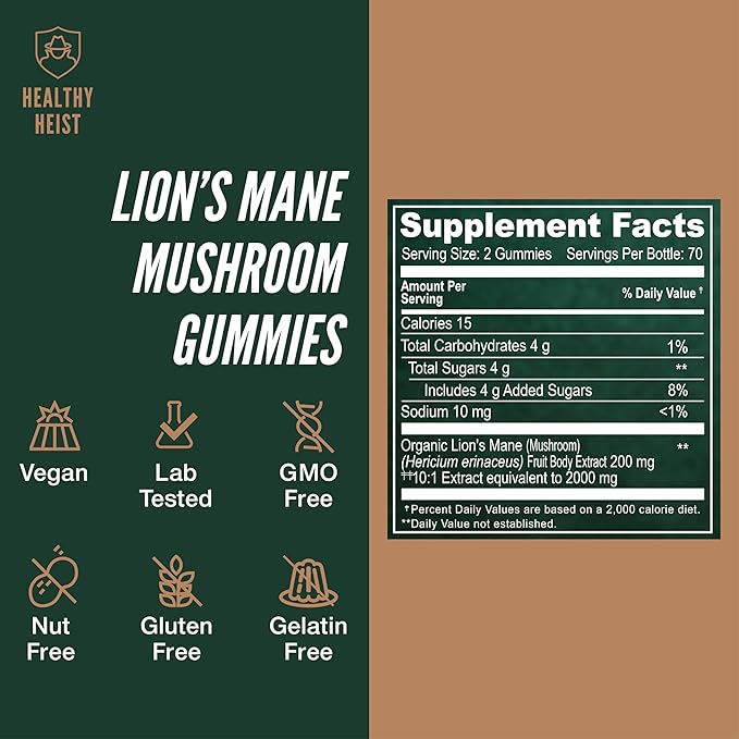 Lions Mane Mushroom Gummies for Adults, 280 Count Bulk Lion's Mane Chewables, High Potency 10:1 Organic Extract amounts to 2000mg, Supplement Supports Mental Clarity, Focus, Mood and Brain Fog, 2 Pack
