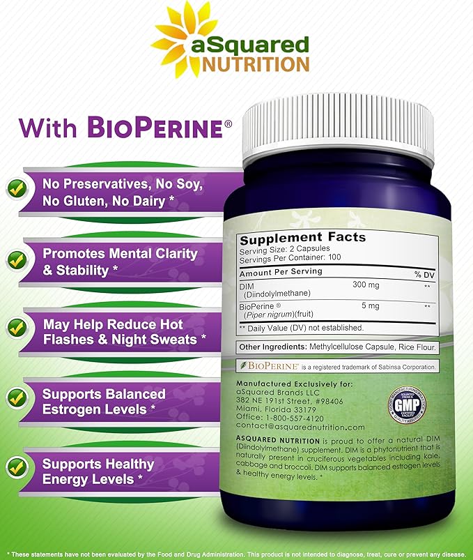 aSquared Nutrition DIM Supplement 300mg Plus BioPerine - 200 Veggie Capsules - Diindolylmethane DIM Max Strength Pills to Support Estrogen Metabolism & Balance, Menopause Relief, PCOS, Hormonal Acne