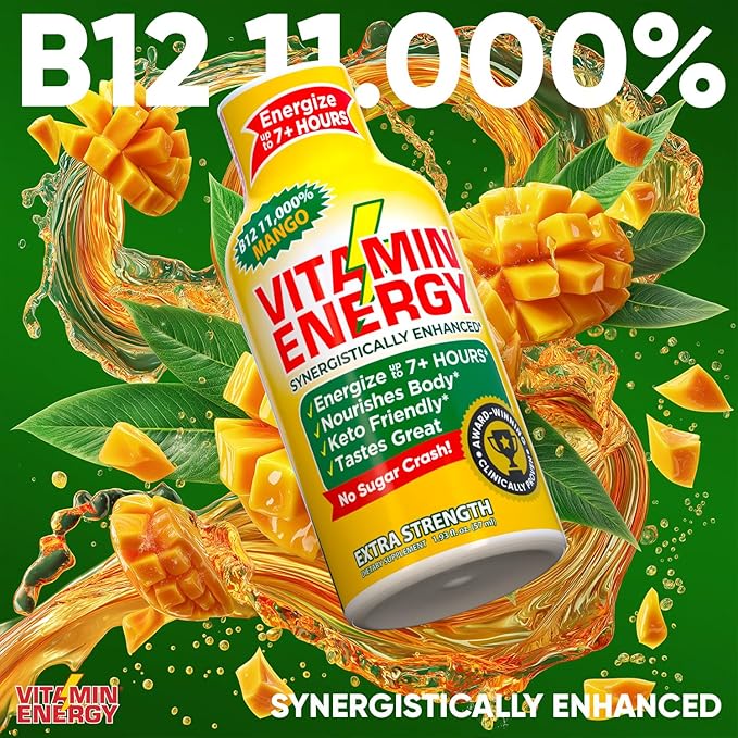 Vitamin Energy B12 11,000% Extra Strength Energy Shot Mango 24 Pack, 260mg Natural Caffeine, B12 & B6, Nootropic Focus, Vitality, Zero Sugar, Gluten-Free, Vegan, Kosher, 1.93 fl oz