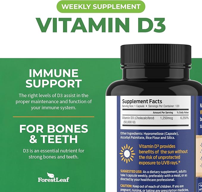ForestLeaf Vitamin D3 50,000 IU | VIT D - VIT D3 Vitamin D Supplement for Women and Men | Bone Health, Teeth, Immune Support | Easy to Swallow Pills | High Potency WEEKLY Dose, 2-Year Supply, 120 Caps