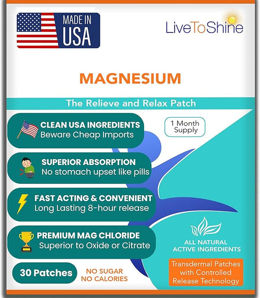 Magnesium Patches for Men and Women - Sleep Support & Relaxation, Muscle Recovery, Nerve Function - USA Made - 30 Premium Fast-Acting, Slow-Release Patches - Live To Shine
