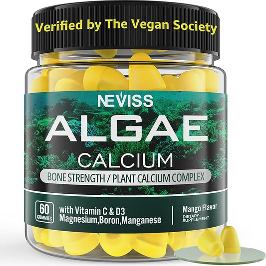 Algae Calcium Gummies 600mg with Vitamin D3, C, Magnesium, Boron, Manganese, Plant-Based Calcium Supplement for Bone Health & Strength, Minerals Complex, Gentle Digestion, Sugar Free, Vegan, 60 Counts