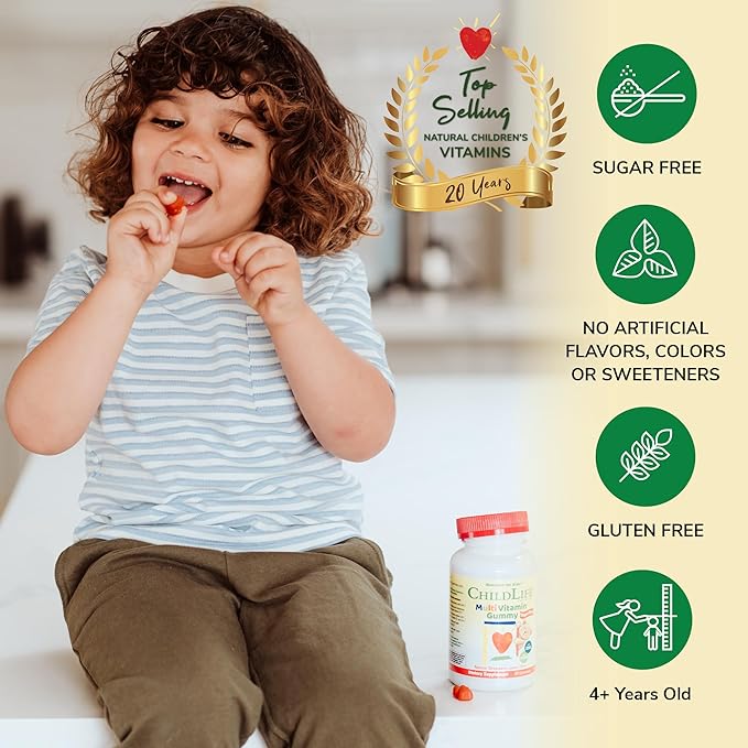 CHILDLIFE ESSENTIALS Multivitamin Gummies for Kids - Children's Vitamins, Kids Multivitamins with DHA, Sugar Free - Natural Strawberry, 90 Count