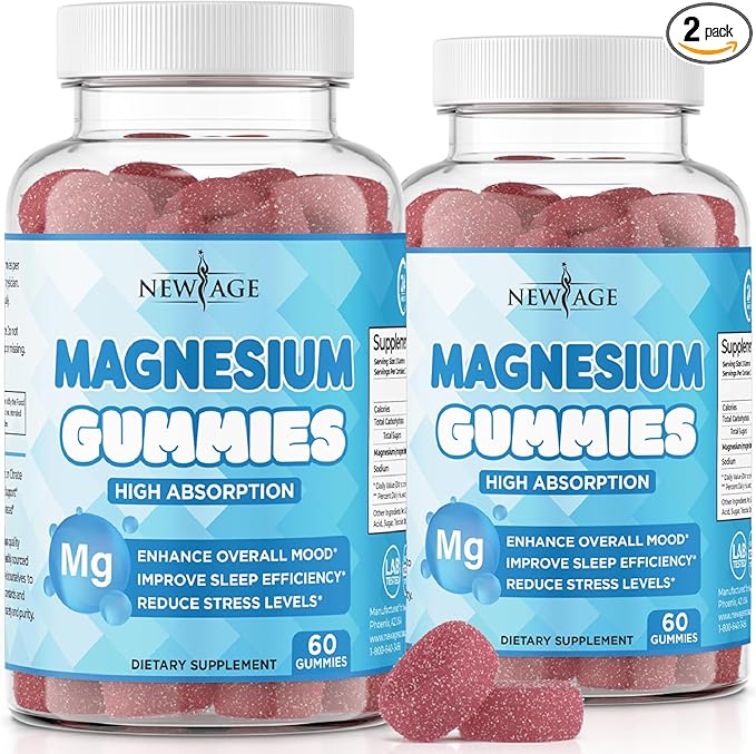 Magnesium Gummies - Calming Anti-Stress Gummies, Magnesium Supplement for Adults and Kids, Vegan, Gelatin-Free, Gluten-Free, Non-GMO, Delicious Natural Raspberry Flavor- 120 Count - by New Age
