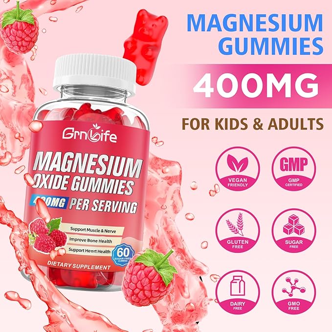 2 Pack Magnesium Oxide Gummies 400mg, Chewable Magnesium Oxide Supplement for Adults & Kids, Nerve & Muscle Support, Vegan, Raspberry Flavor, 120 Count