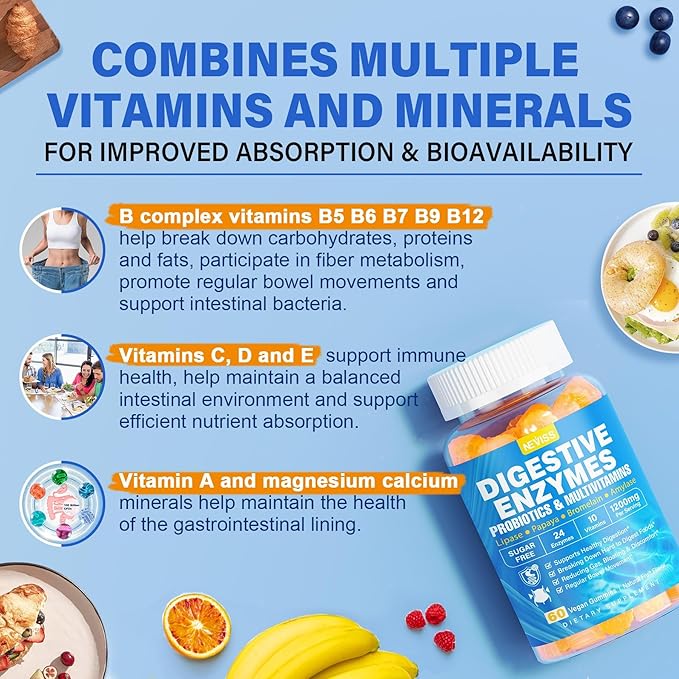 1Pack Digestive Enzymes with Probiotic Gummies, Multivitamins, Calcium, Magnesium - All 24 Essential Chewable Multi Enzymes - Papaya, Lipase, Amylase, Bromelain - Breaking Down Carbs, Proteins, Fats