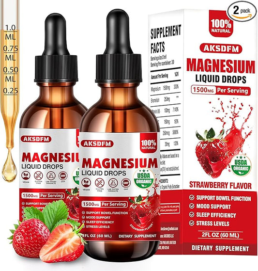 Magnesium Glycinate Liquid 2 Pack - 1500mg Maximized Absorption Magnesium Complex Supplement to Support Stress Relief, Night, Heart Health Nerves and Muscles - Strawberry Flavor