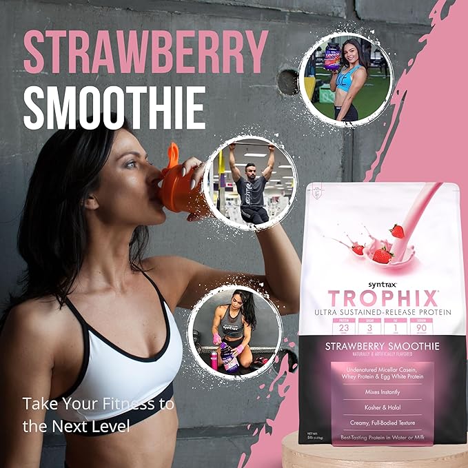Syntrax Bundle: Trophix Undenatured Casein Protein Strawberry Smoothie - Instant Mix Whey Protein & Egg White Protein Powder - 5 Pounds High Protein Powder and Worldwide Nutrition Keychain