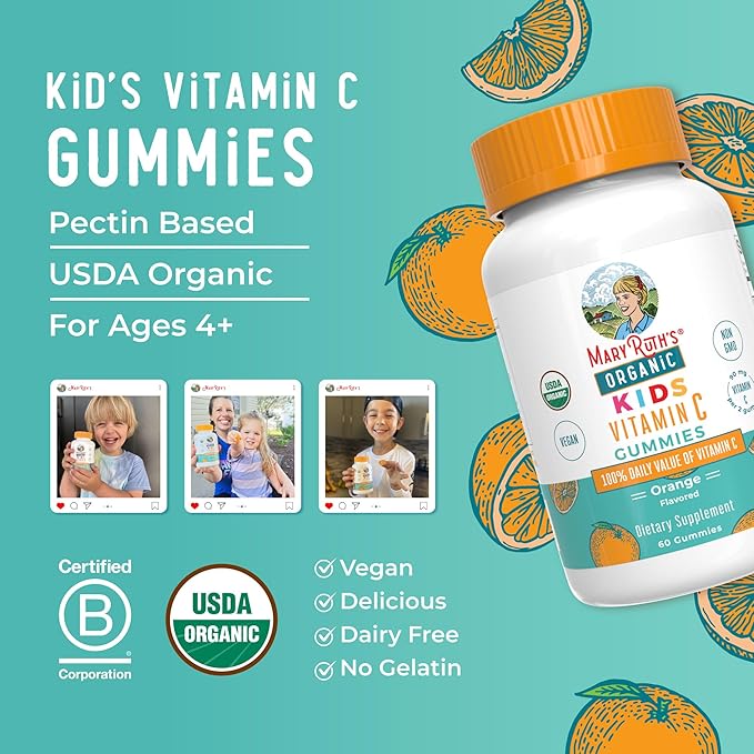 MaryRuth Organics Kids Vitamin C Gummies | Supplement for Immune Support & Overall Health | Vitamin C for Kids Ages 4+ | USDA Organic | Vegan | Non-GMO | 60 Servings