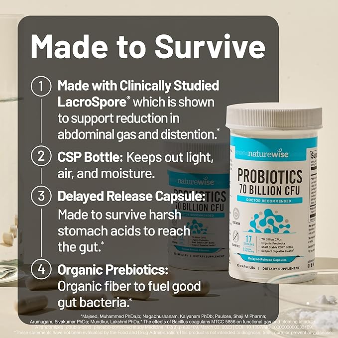 NatureWise Probiotics 70 Billion CFU - 17 Strains + Organic Prebiotics - Immune, Digestive & Gut Health Support for Women & Men - Vegetarian, Gluten-Free, Non-GMO - 30 Capsules[1-Month Supply]