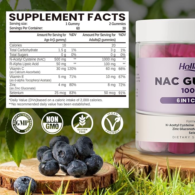 6 IN 1 NAC Gummies, Chewable N Acetyl Cysteine 1000mg Supplement for Kids & Adults, with ALA, Zinc, Vitamin C & E, Selenium, Support Antioxidant & Immune system, Blueberry Flavor, Sugar Free, 60 Ct