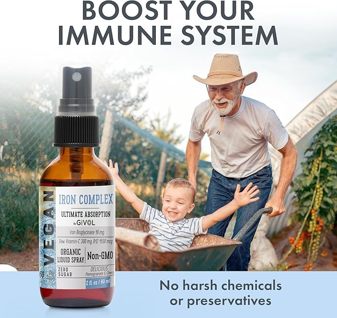 Iron Supplement - 18mg Bisglycinate Complex with Vitamin C & B12 for Energy & Immunity Boost, Vegan Liquid Spray, Optimal Absorption - Non-GMO, Sugar-Free, (60 ml) 60 Days Supply