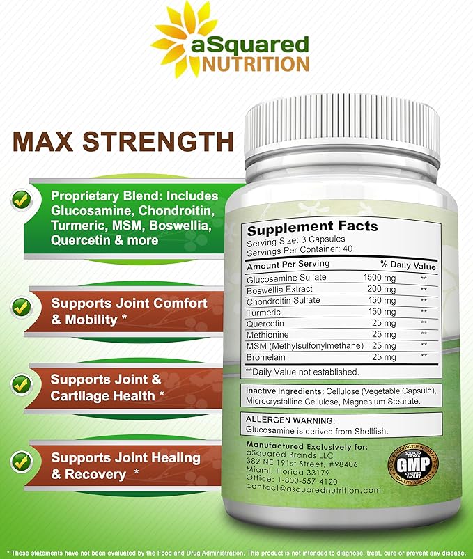 aSquared Nutrition Glucosamine Chondroitin Turmeric MSM Boswellia - 120 Capsules - Joint Support Supplement - Joint Support Relief Pills for Health - Natural Supplement for Back, Knee & Hands