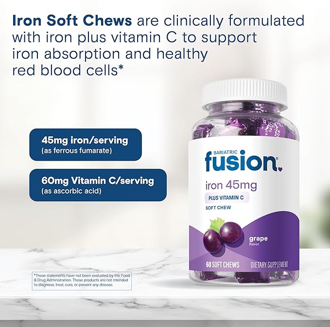 Bariatric Fusion Iron Supplement for Women Anemia | Chewable Iron with Vitamin C | Grape Flavored Soft Chew | Gentle on Stomach Ferrous Fumarate for Women and Men | Gluten Free | 60 Count