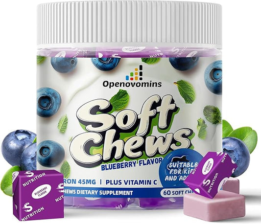 Iron Supplement Chews with Vitamin C for Women Men and Kids, Natural Vegan Iron Soft Chew with Vitamin B6,B12,D, Calcium & Zinc - Energy Support, 60 Blueberry SoftChews,2 Month Supply